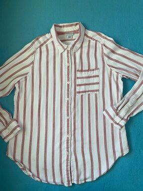 LIZ CLAIBORNE button up long sleeve collared striped cotton pocket top size L